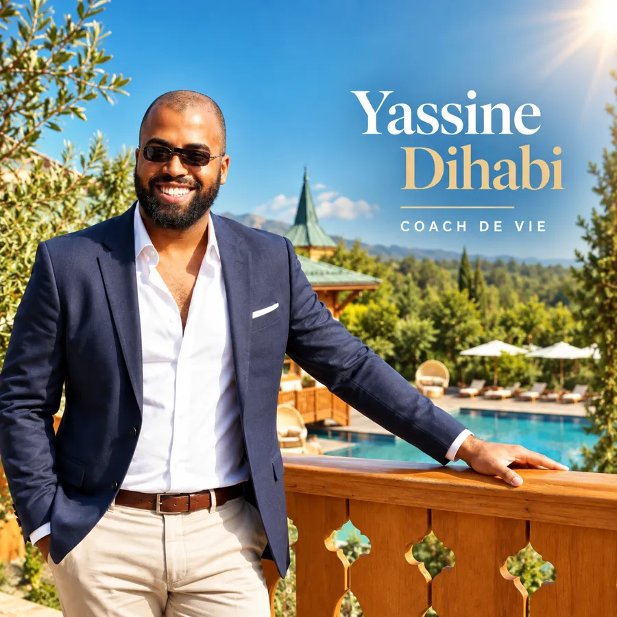 Yassine Dihabi, coach de vie, en blazer sur une terrasse face à un paysage